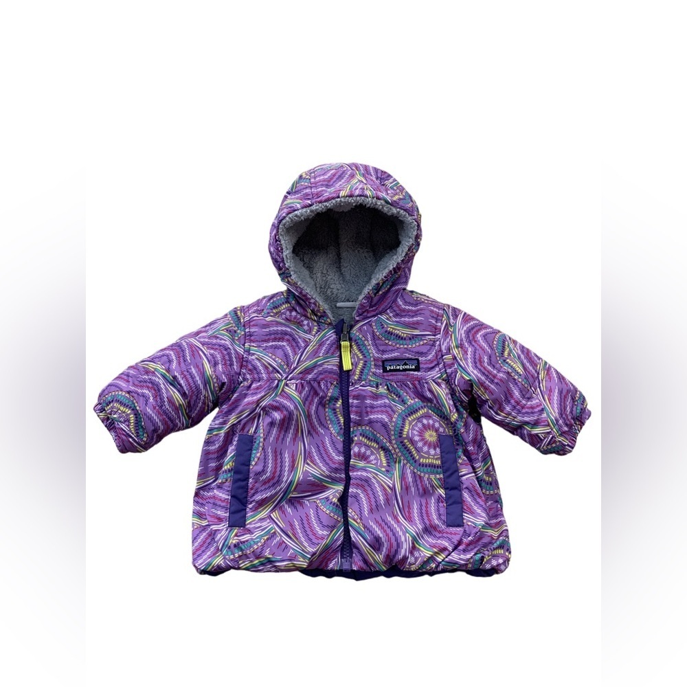 Patagonia Size 3-6 Months Purple Reversible Honey Puff Hoody Sherpa Lined Coat